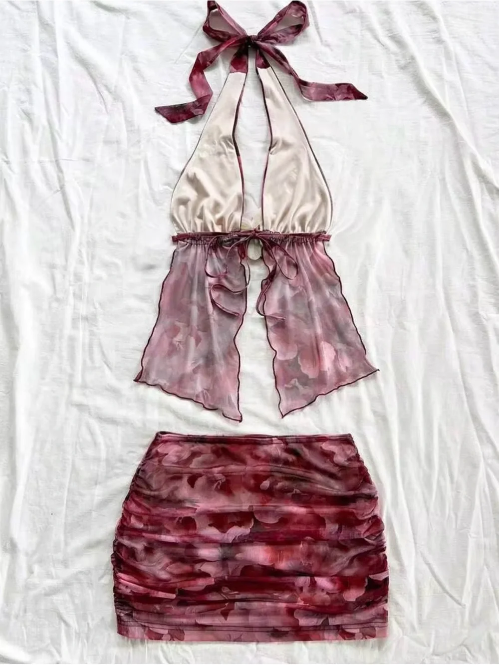 SHEIN Rose Floral Halter Mini Dress Set - Burgundy Pink